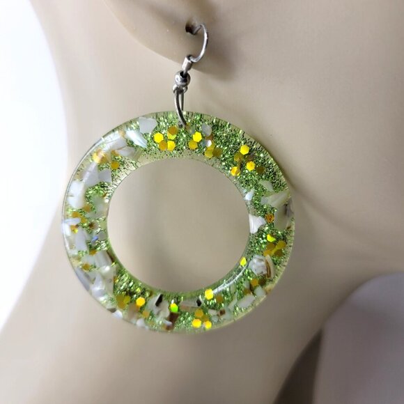 Round Green Glitter Earrings Light Earrings - Picture 2 of 4